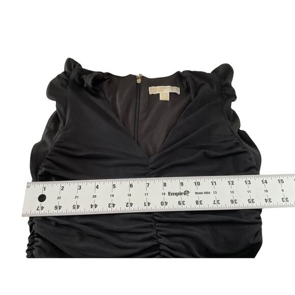Michael Kors XS Black Dress Ruched Bodice Flutter Sleeves Ruffled Hem Cocktail - Picture 3 of 11